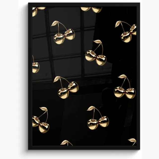 FrameYourWall Fotolijst inclusief poster - Posterlijst 50x70 cm - Posters - Patroon - Kersen - Goud - Chrome - Foto in lijst - Keuken decoratie muur - Wanddecoratie accessoires - Muurdecoratie - Schilderijen Kersen patroon