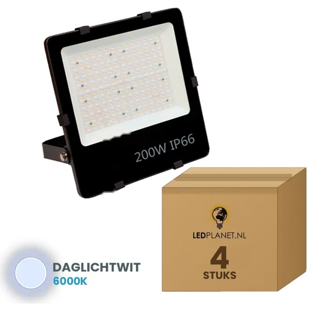 Tsong LED Schijnwerper 200W - 4 stuks - 22.500 lm - Daglichtwit 6000K - 112 lm/W - 90° - Lifud driver - IP66 - Terrein- & Gevelverlichting - 5 jaar garantie