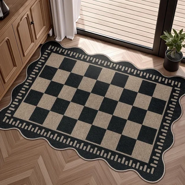 Aofixver Eenvoudig geruit jute tapijt voor de hal, wasbaar en antislip keukenkleed (ca. 60x90 cm), deurmat voor binnen en buiten, zwart laagpolig vloerkleed in boerderijstijl voor op de veranda