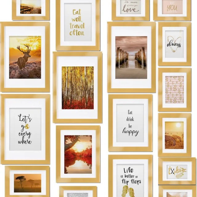 bomoe Passion – Fotolijst Collage Hout – 18 Fotolijsten Goud (10,5x15cm, 13x18cm, 18x24cm, 20x30cm) – Kunststof Glas – Metalen Ophanging – Standaard & Passepartout