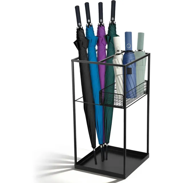 RosaBloom Metalen Paraplubak - Paraplubakhouder - Met Lekbak en Mand voor Kleine Paraplus - Vrijstaande Paraplux-organizer - Zwart - 25x25x50 cm