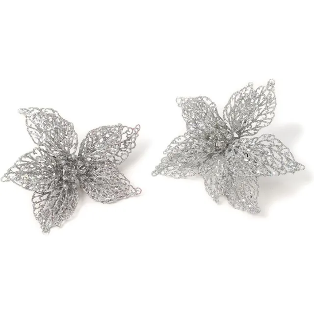 Inge-glas 6x stuks decoratie kerstster bloemen zilver glitter op clip 18 cm - Decoratiebloemen/kerstboomversiering/kerstversiering