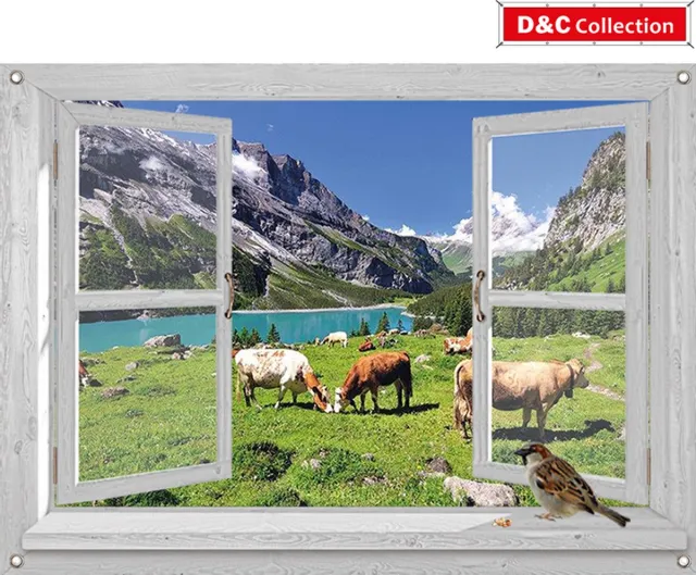 D&C Collection tuinposter - 90x65 cm - doorkijk - wit luxe venster bergwei met koeien en mus - tuin decoratie - tuinposters buiten - schuttingposter - tuinschilderij blauw, wit, groen, bruin, rood