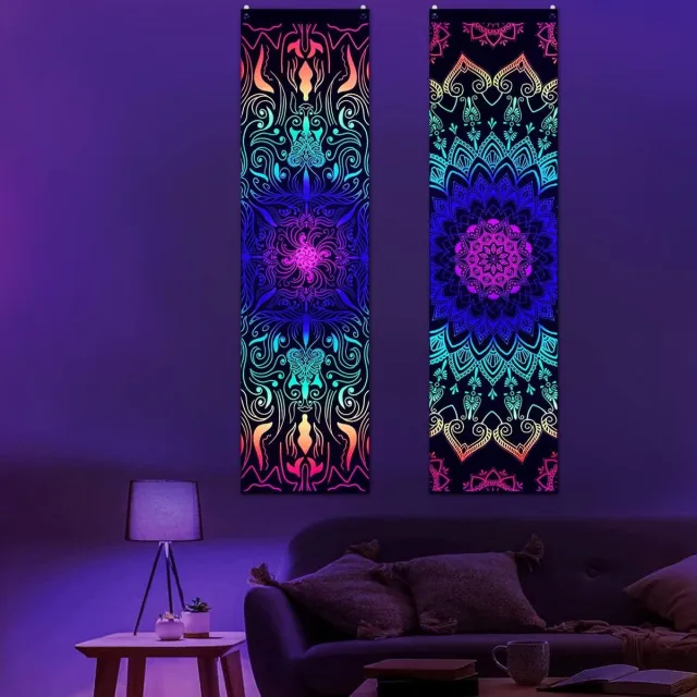 Allecto Plus Blacklight Mandala wandkunst UV reactief Boheemse Indiase pauw trippy hippie wandtapijt 120x325cm voor slaapkamer woonkamer Any