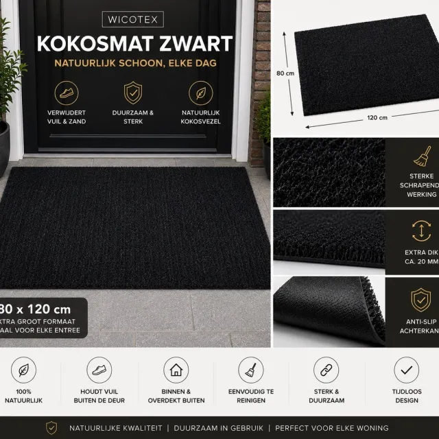 Wicotex Deurmat - kokosmat - Kleur zwart - Afmeting 80x120cm