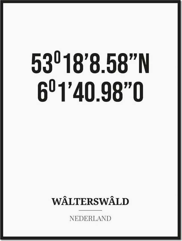 Studio216 Poster/kaart WÂLTERSWÂLD met coördinaten zwart, wit