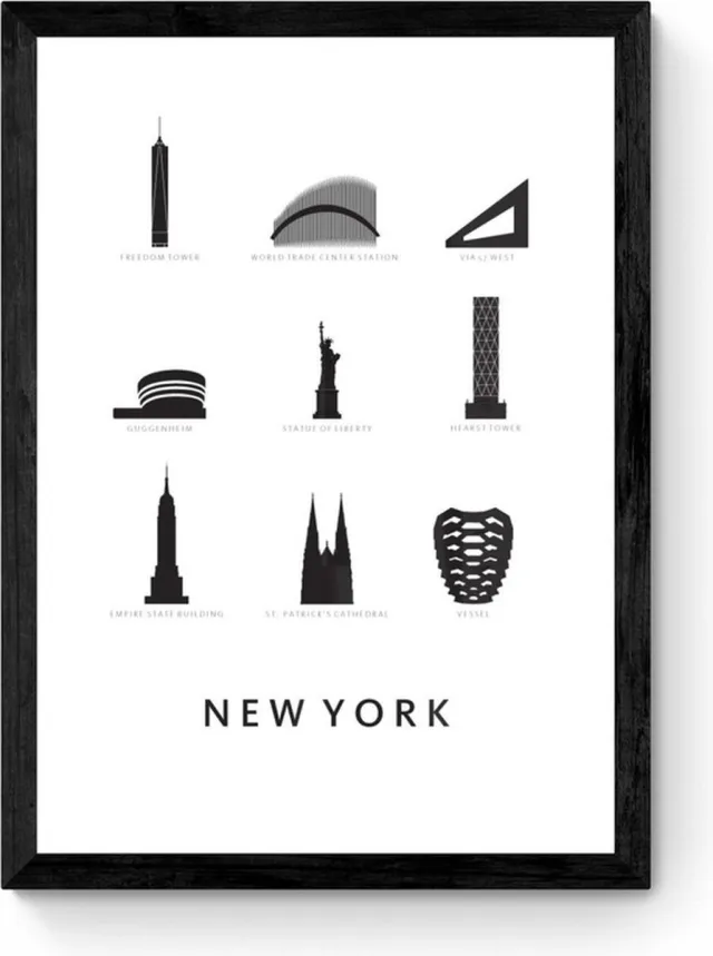 Kunst in Kaart New York - Architectuur Poster - Ingelijst Zwart, Wit
