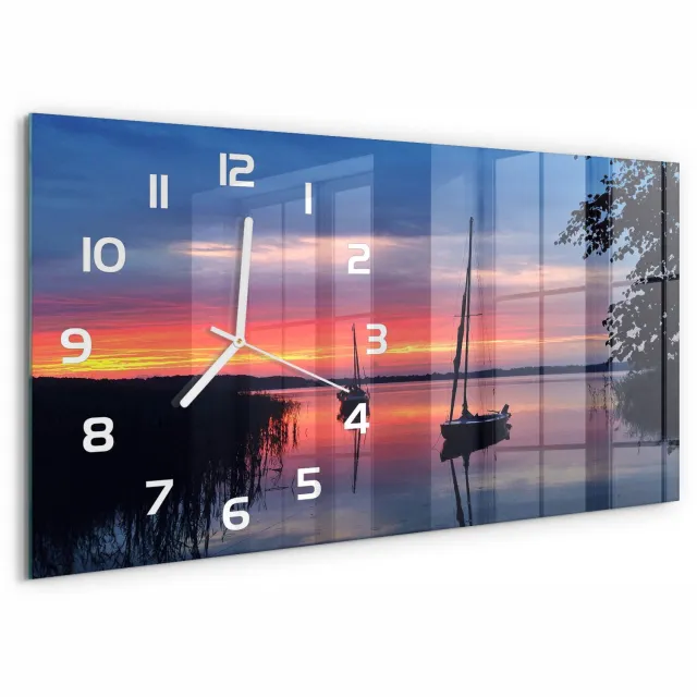 TULUP Wandklok - Zeilboten bij zonsondergang Klok Glas Met Opdruk - 60x30 cm - Oranje Moderne Wandklok Glas - Witte handen - Rechthoekige Klok - Decoratieve Glazen Klok - Glazen Wandklok Design