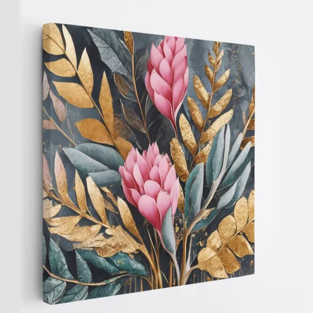 Saammp Canvas Schilderij - Grote roze bloemen en gouden bladeren - Modern - 100x100 - Foto op canvas - Wanddecoratie - Muurdecoratie Woonkamer - Kantoor Decoratie Multicolor