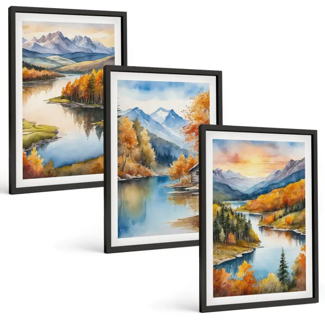 Coloray 3-Delige Schilderij Set - Herfstlandschap In De Bergen Met Een Rivier En Een Huisje Aan Het Water. - 40 x 60 cm - Decoratieve Schilderijen - Wanddecoratie - Hal - Muurdecoratie Zwarte lijst