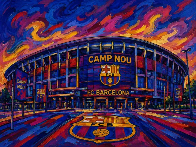 Atelier Iconique Camp Nou FC Barcelona Fauvist Color Painting Stadiums - Print op Canvas 80x60 cm - Atelier Iconique gedurfde, levendige en contrastrijke fauvistische kleuren