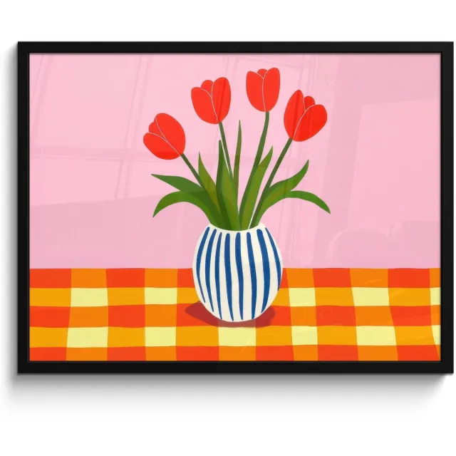 FrameYourWall Poster in lijst - Fotolijst 70x50 cm - Posters - Tulpen - Roze - Vaas - Posterlijst zwart - Decoratie - Wanddecoratie woonkamer - Muurdecoratie slaapkamer