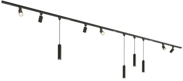 HOFTRONIC railverlichting pakket recht – 4x 1 meter rails – 6 railspots 4 hanglampen – 2700K warm wit GU10 – dimbaar – zwart aluminium – IP20 – modulair – 230V – railverlichting woonkamer keuken