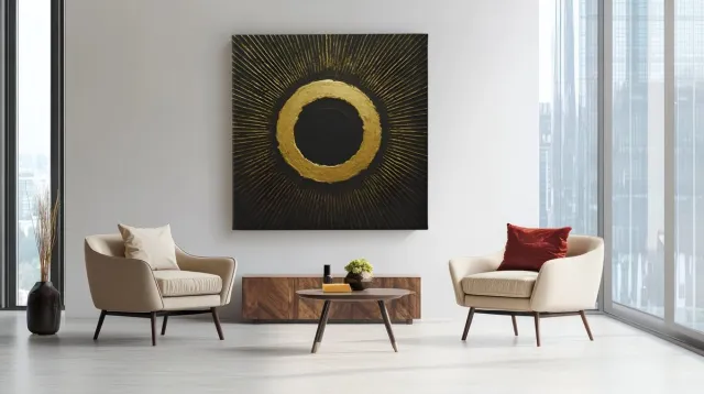 Trendex Global Canvas Schilderij Abstract - Geel - Goud - Zwart - Wanddecoratie - 100x100x2 cm