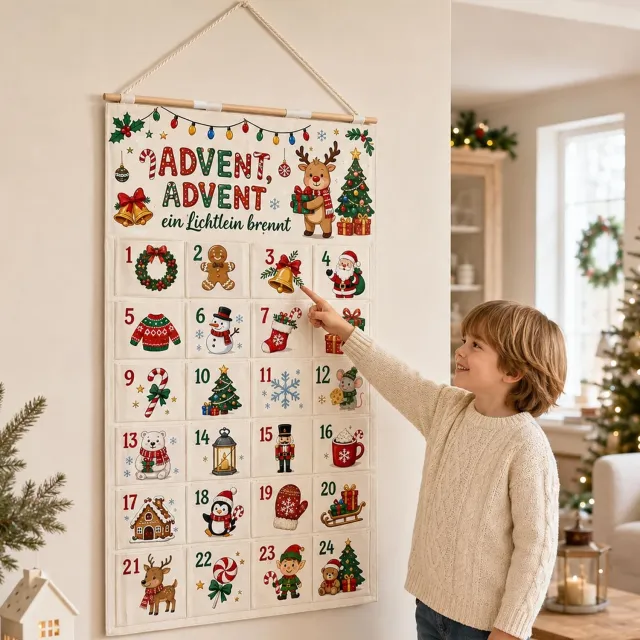 Famanu Ruime stoffen adventskalender, 120x60 cm, 24 vakken, voor surprises