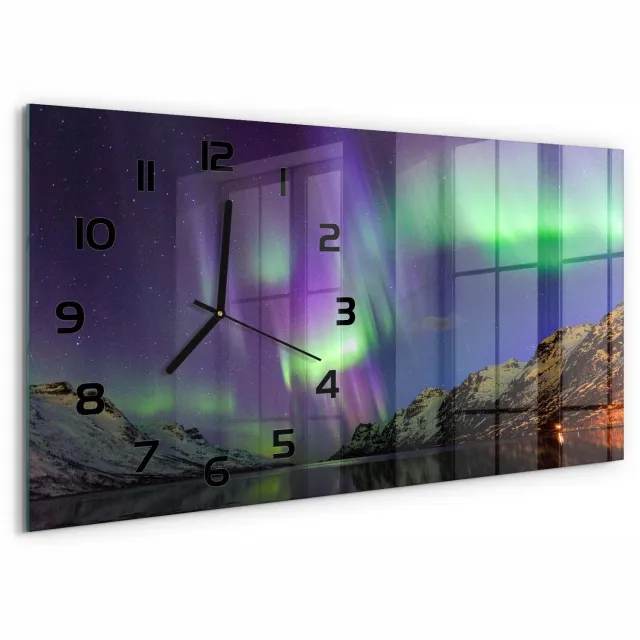 TULUP Wandklok - Noorderlicht Decoratieve Glazen Klok - 60x30 cm - Groente Glazen Wandklok Design - Zwarte handen - Rechthoekige Klok - Glazen Klok Met Print - Wandklok Glas Met Motief
