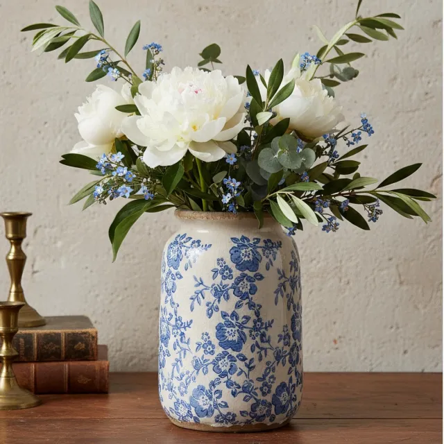 Unyqoos Handgeschilderde keramische vaas met pioenrozenmotief in blauw-wit, 17,5 cm