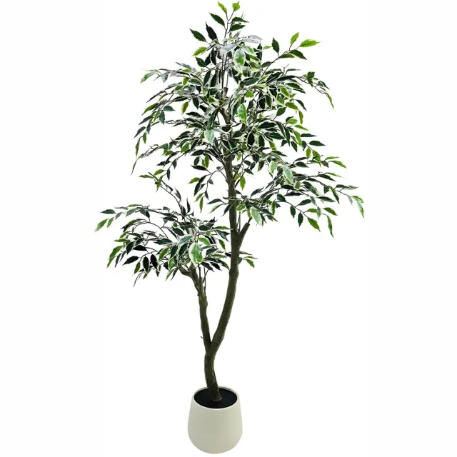 Happiq Kunstmatige Ficus Boom - Voor Huis & Binnen - Nep Treurvijg met Natuurlijke Houten Stam - 150 cm, Zijde Bladeren, Witte Pot White