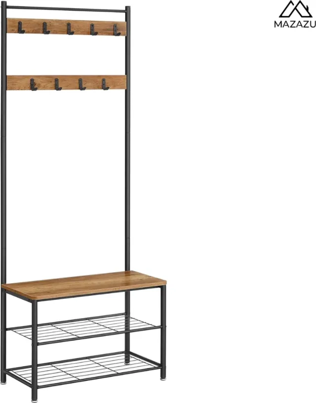 MAZAZU MIRA Home Kapstok met Schoenenrek - Kledingrek - 9 Haken - Lichtbruin - 70 x 32 x 175 cm Licht bruin