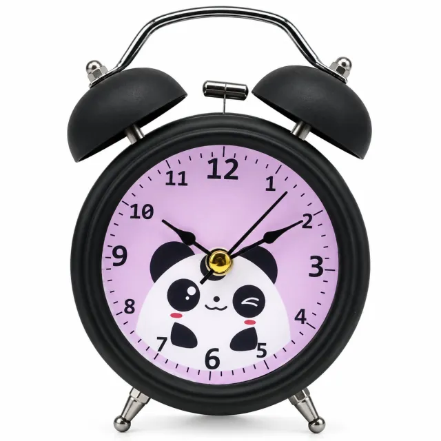 SWGOTA wekker van 3 inch met pandawijzerplaat - Dubbele bel en stil uurwerk - Metalen behuizing, zwart - Werkt op 1 AA-batterij