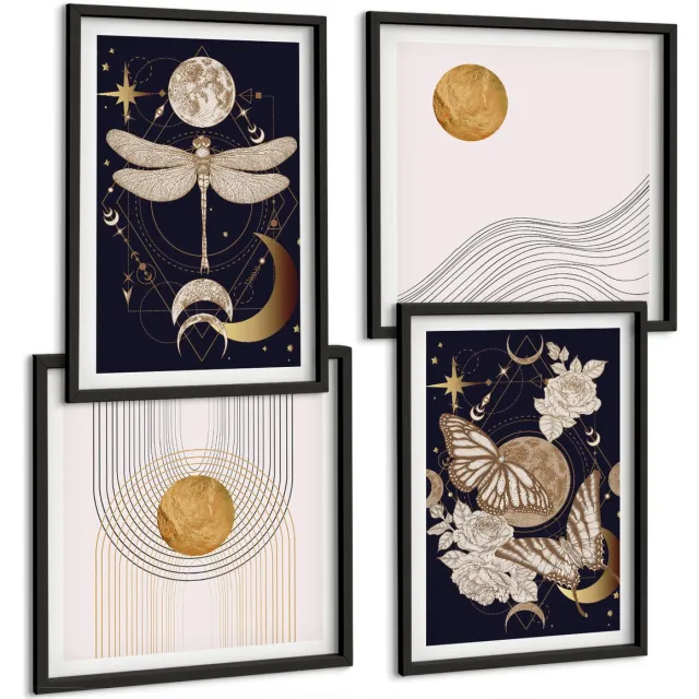 Coloray 4-Delige Schilderij Set - Natuurthema'S Met De Maan, De Ruimte En Bloemen. - 40 x 40 cm En 40 x 60 cm - Moderne Wanddecoratie - Woonkamer - Woonkamer Decoratie Zwarte lijst