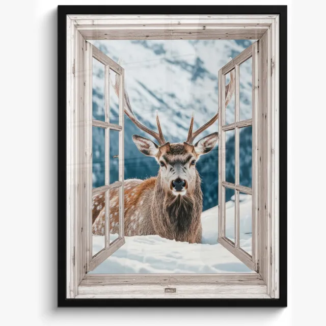 FrameYourWall Poster in lijst - Fotolijst 50x70 cm - Posters - Hert - Winterlandschap - Natuur - Dieren - Doorkijk - Bergen - Posterlijst zwart - Decoratie - Wanddecoratie woonkamer - Muurdecoratie slaapkamer