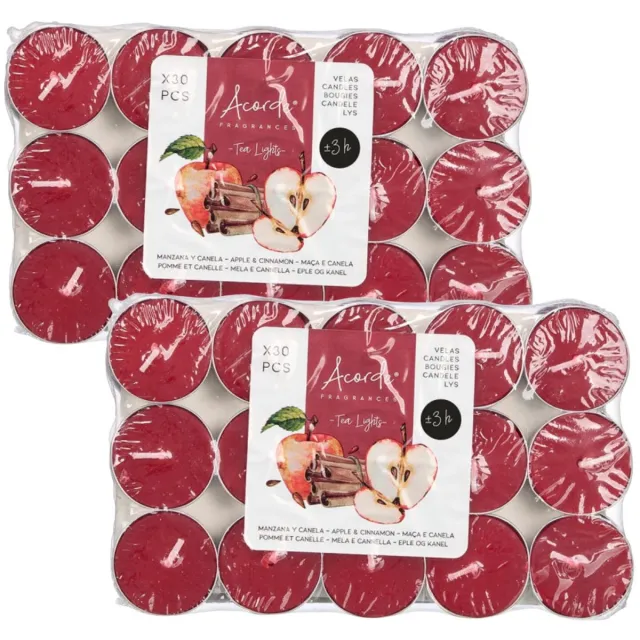 Acorde theelichtjes - appel/kaneel geur - 60x - rood - waxinelichtjes/geurkaarsen - 3 branduren Bordeaux rood