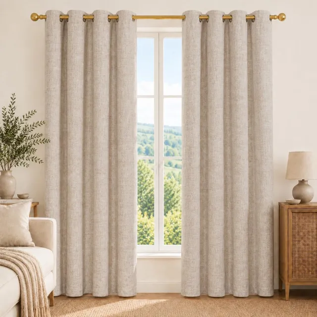 Famanu 100% verduisterende gordijnen met linnenlook, set van 2 stuks, 140 x 175 cm, dicht geweven stof met speciale coating die licht blokkeert, perfect voor moderne interieurs en dagelijks gebruik Beige