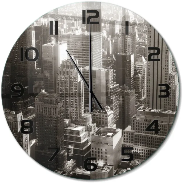 TULUP Wandklok - New York Glazen Klok Met Print - fi60 cm - Zwart-wit Wandklok Glas Met Motief - Zwarte handen - Ronde Klok - Wandklok Glas Decoratie - Gekleurde Glazen Klok