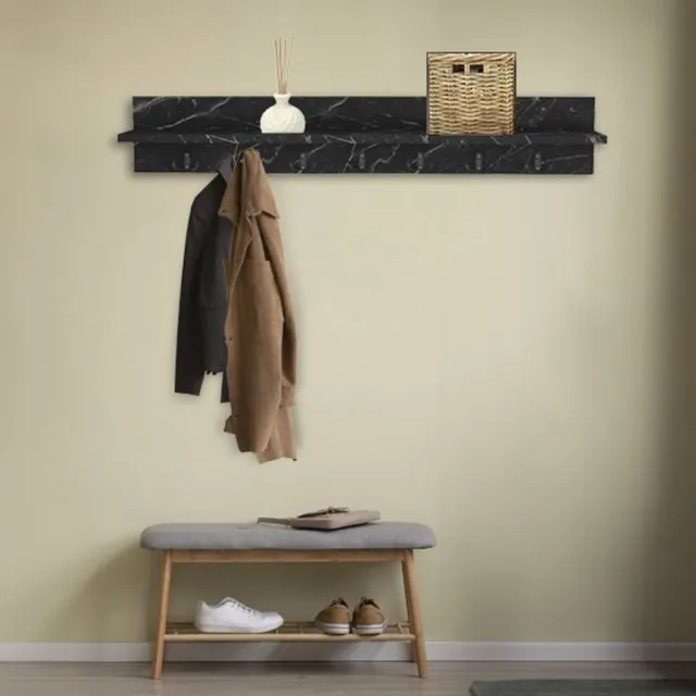 Bino Wandkapstok - Zwart Marmer - 7x2 Haken - 106 cm Zwart en Marmer