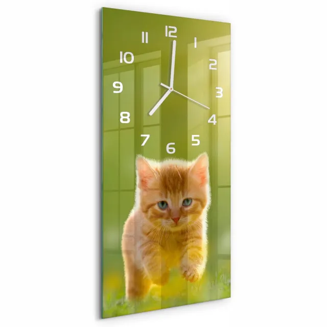 TULUP Wandklok - Rode Kat Gekleurde Glazen Klok - 30x60 cm - Groente Glazen Klok Met Print - Witte handen - Rechthoekige Klok - Moderne Wandklok Glas - Wandklok Glas Decoratie
