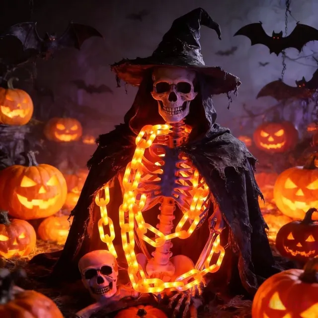YAGXIG Halloween Lichtslinger Decoratie - Gloeiende kettinglichten - 3 meter lang - Spookachtige buitendecoratie voor binnen - Perfect voor skelethonden, tuinskeletten, grafstenen - Heeft 8 verlichtingsmodi - 160 oranje LED-verlichting