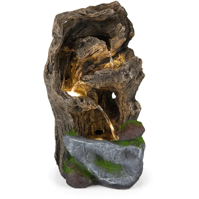 Costway Fontein, tuinfontein met warmwitte ledverlichting & pomp, cascadefontein kunsthars, boom & steenlook, kamerfontein voor buiten, waterval fontein tuin, 26 x 28 x 53 cm, bruin
