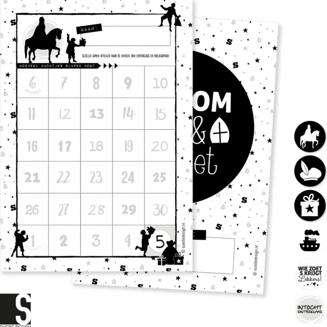 Suede design Sinterklaas aftelposter | Welkom Sint & Piet | Suede design aftelkalender A4 Zwart