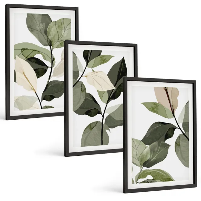 Coloray 3-Delige Schilderij Set - Geschilderde Delicate Boho-Plantenbladeren - 40 x 60 cm - Wanddecoratie - Schilderijen Set - Interieur - Woonkamer Decoratie Zwarte lijst
