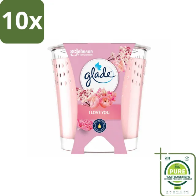 Glade 10 x Glade - Geurkaars I Love You - 100% Raapzaadwas & Vegan - 112 g - Grootverpakking - Vaatwasstrips - Geurkaars - Vegan - Bloemige Geur - Meloen - Perzik roze