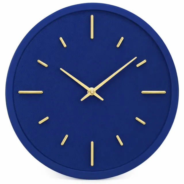 SWGOTA Ronde wandklok 12 inch met stil quartz-uurwerk, blauwe wijzerplaat, goudkleurige wijzers en uurmarkeringen, metalen kast, 1 stuk