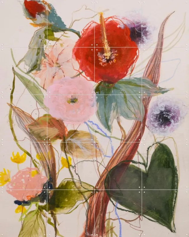 IXXI Flower Mix No. 1, Leigh Viner - 80 x 100 cm - Grote wanddecoratie en posters - Gemengde Technieken, Kleurrijk, Abstract, Aquarel, Slaapkamer Rood