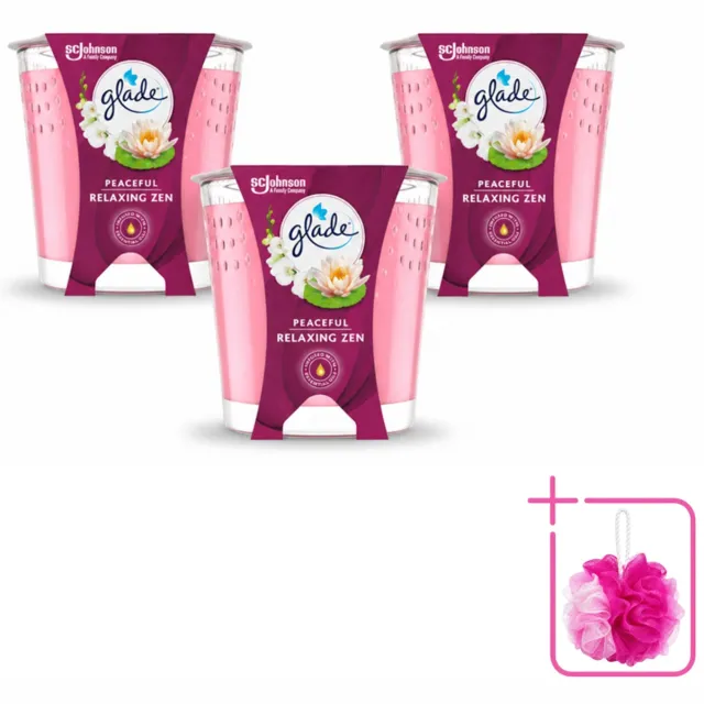 Glade 3 x Glade - Geurkaars Relaxing Zen - 100% Raapzaadwas - 112 g - Bulkverpakking - Geurkaars rust - Douchemop - Geurkaars ontspanning lichtblauw