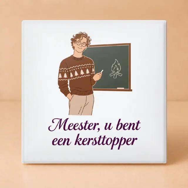 Bedruk King Sfeervolle Kersttrui voor de Meester Tegel – Minimalistische One-Line Art Tegel voor Leerkrachten en Kerstfans - 15 x 15 cm Wit