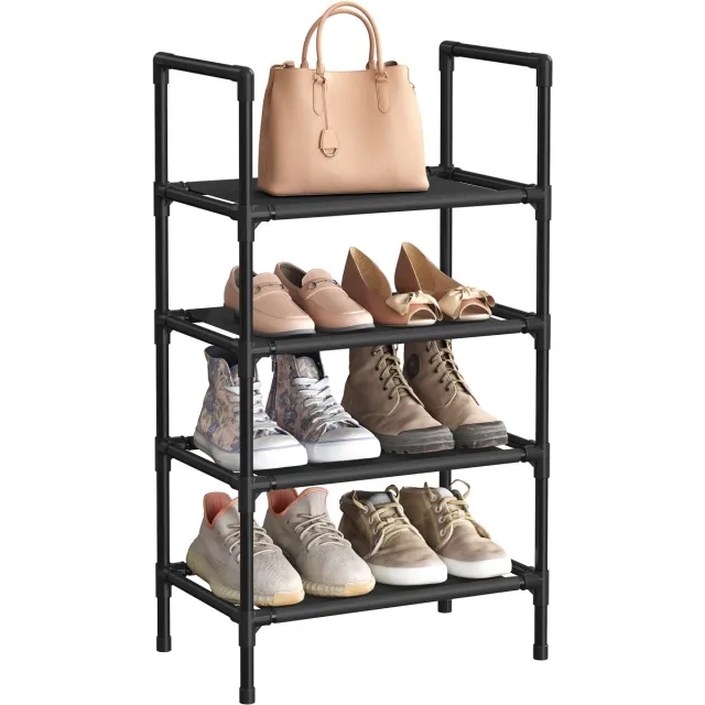 Songmics Schoenenrek - Schoenenrek met 4 Lagen - Smal Ontwerp - Metalen Frame - Voor Hal en Slaapkamer Zwart