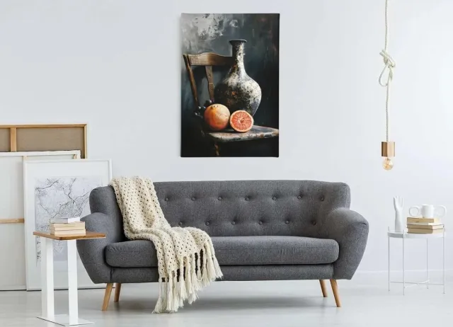 Trendex Global Canvas Schilderij – Kunst - Stilleven – Vaas – Fruit – Klassiek Interieur - 90x60 cm Grijs
