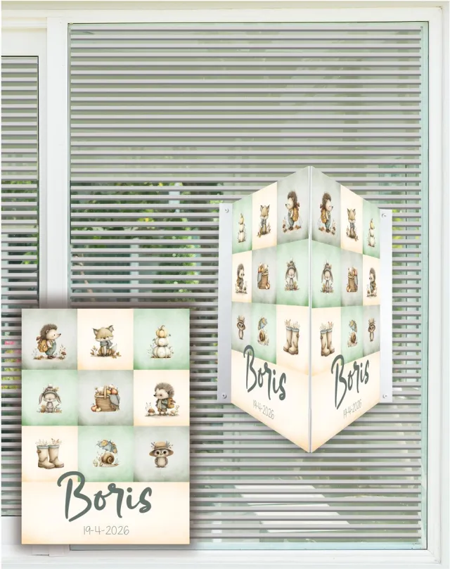 StudioJitske raamsticker 80cm raambord geboortebord stoer herfst dieren geboorte aankondiging groen blauw grijs beige bruin oranje