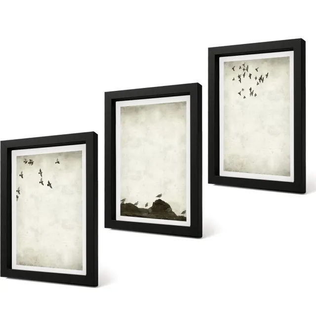 Coloray 4-Delige Schilderij Set - Vliegende zwerm vogels in minimalistische stijl - 20 x 30 cm - Schilderijen Set - Wanddecoratie - Woonkamer - Decoratieve Schilderijen Zwarte lijst