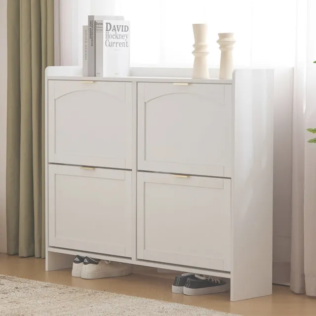MIVRAY Schoenenkast - Met 4 Klepvakken En Open Opbergruimte - Voor Hal En Entree - Spaanplaat - Wit - 110x24x90 Cm