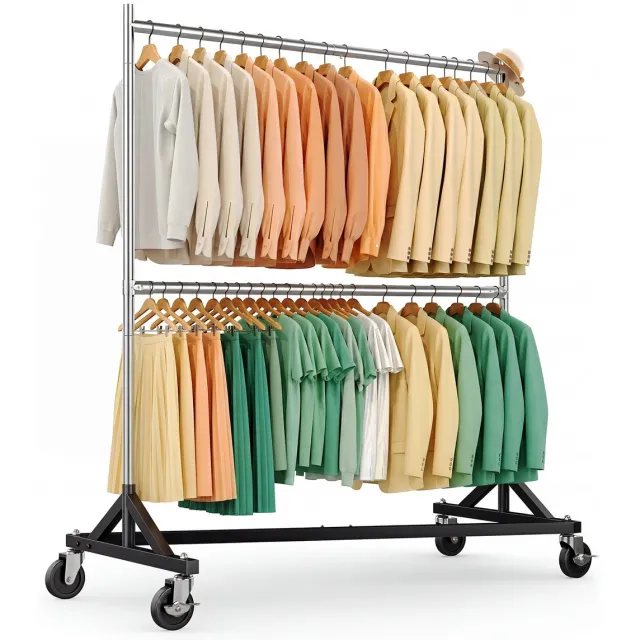 Hokeeper Zware kledingstandaard met Z-voet – in hoogte verstelbaar (190-220 cm), 250 kg draagkracht, op wielen – voor thuis en winkel chroom