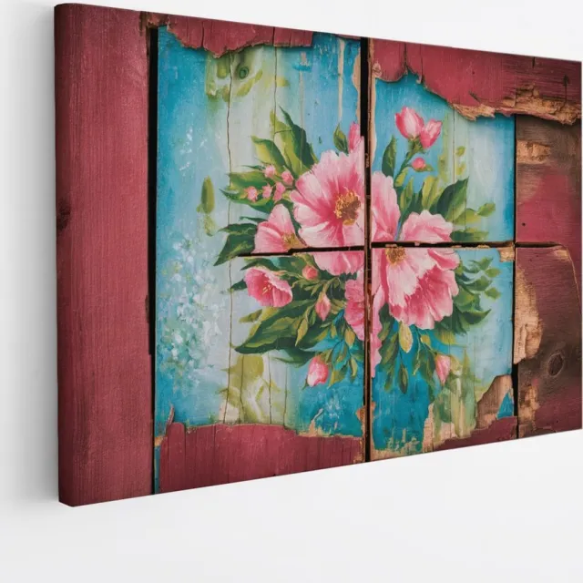Saammp Canvas Schilderij - Bloemen op hout - Abstract - 30x20 - Foto op canvas - Wanddecoratie - Muurdecoratie Woonkamer - Kantoor Decoratie Multicolor