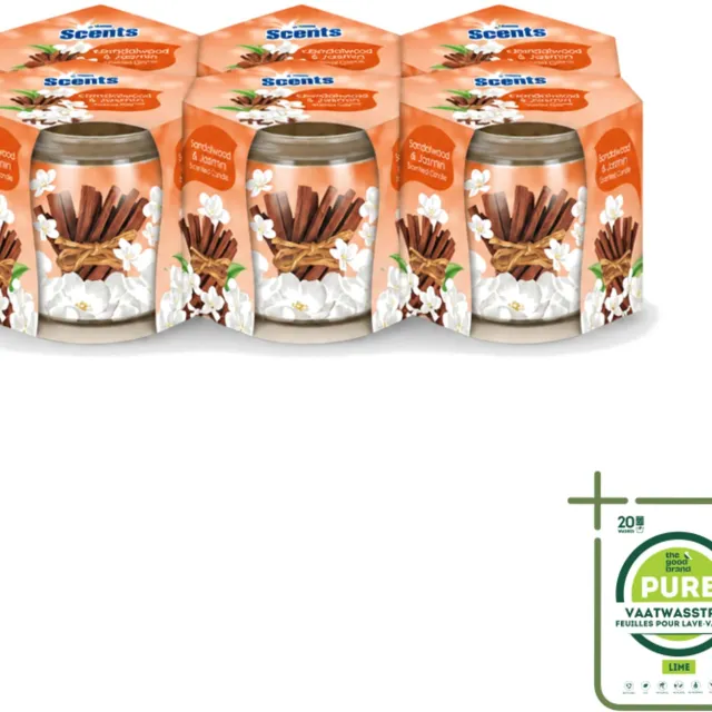 At Home 6 x At Home - Scents - Geurkaars - Sandalwood & Jasmin - 70 g - Grootverpakking - Vaatwasstrips - Geurkaars - Sandelhout - Jasmin - Geur - Rustgevende Geur Bruin