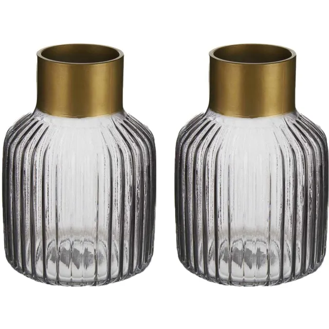 Giftdecor Bloemenvazen 2x stuks - Decoratie glas - grijs/goud - 12x18 cm Transparant