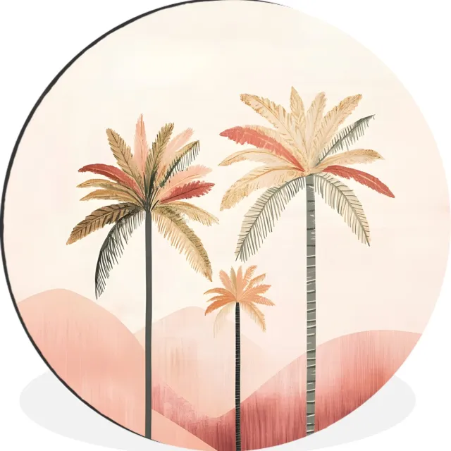 WallCircle Wandcirkel - Muurcirkel - Palmbomen - Heuvels - Minimalistisch - Zachtroze - Aluminium - Dibond - 140x140 cm - Binnen en Buiten